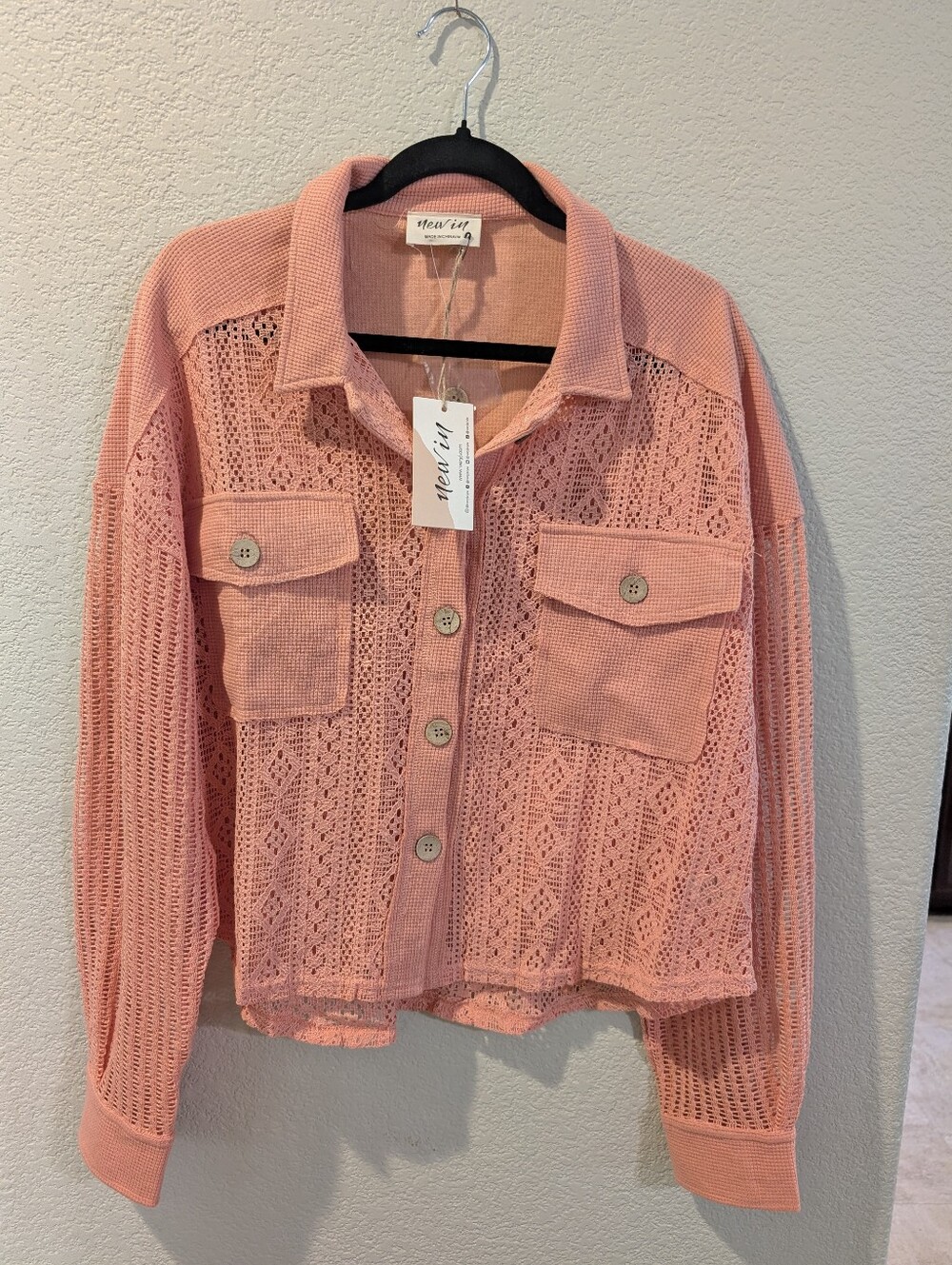 NEW IN Salmon Lace Shacket Blouse Top Medium NWT Boho Crochet